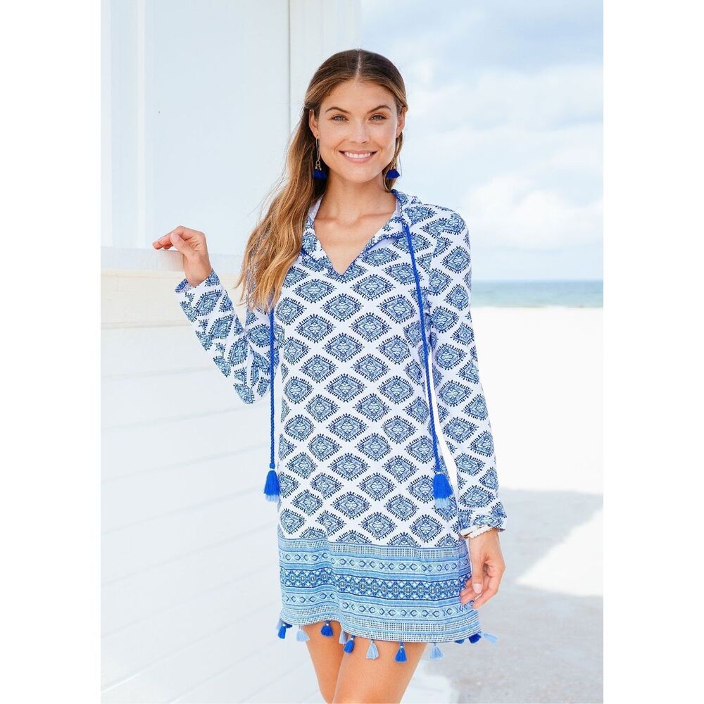 Cabana Life Seascape Coverluxe Hooded Cover-Up UV Protected Fringe Size M
